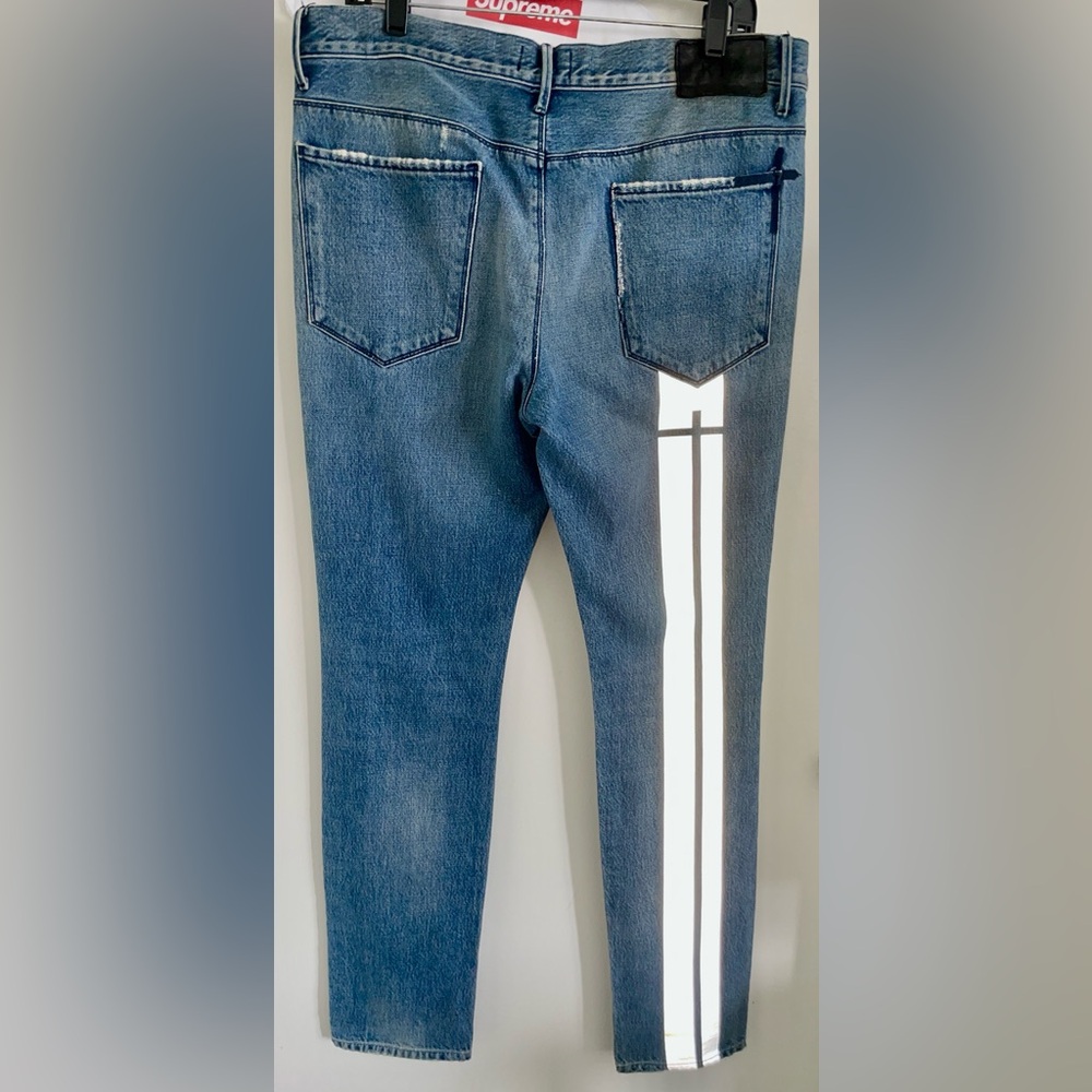 RtA 34W straight Blue Jeans 3M reflective knee rip racing stripe Denim